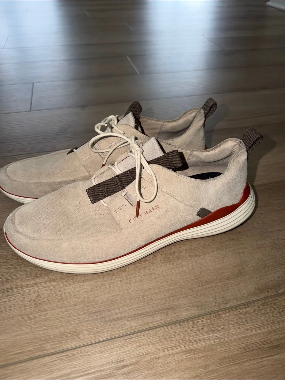 Cole Haan Men's Grandsport Apron Toe sneakers in sesame suede colorway 13